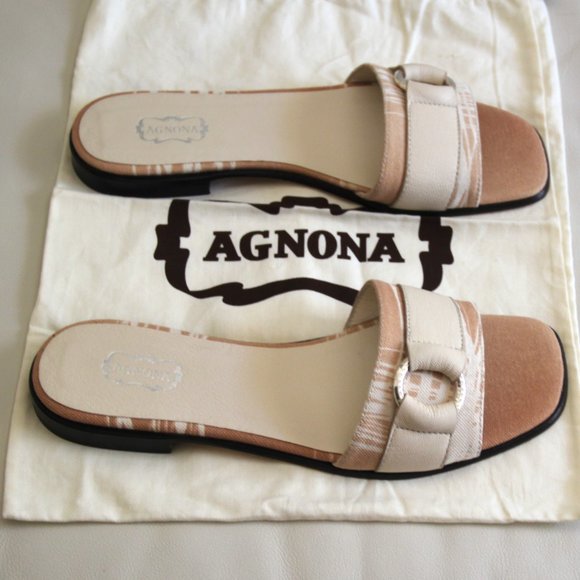 AGNONA Made in Italy Sandals Slides Flats Cream Leather Tan Canvas Size EU 38 - Picture 2 of 11